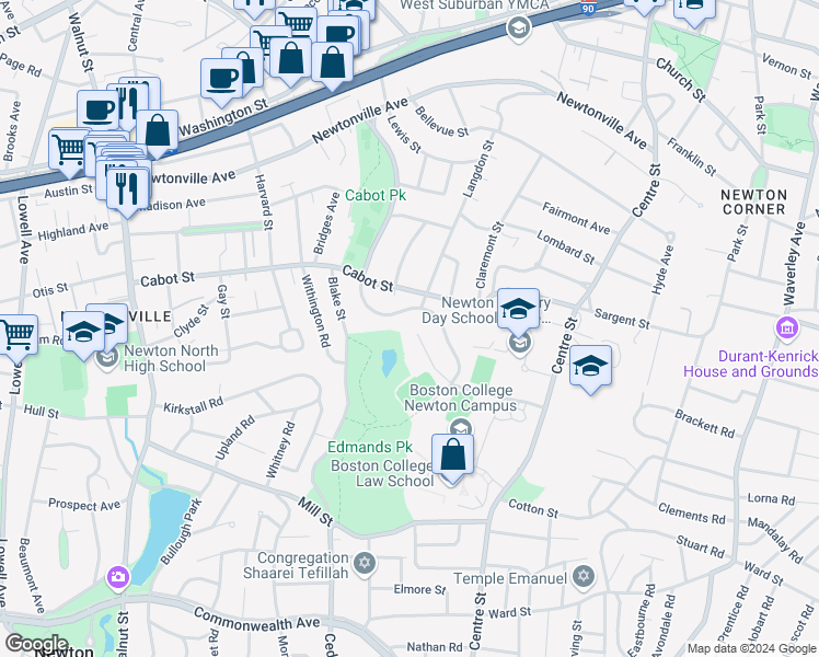 map of restaurants, bars, coffee shops, grocery stores, and more near 58 Rochester Road in Newton
