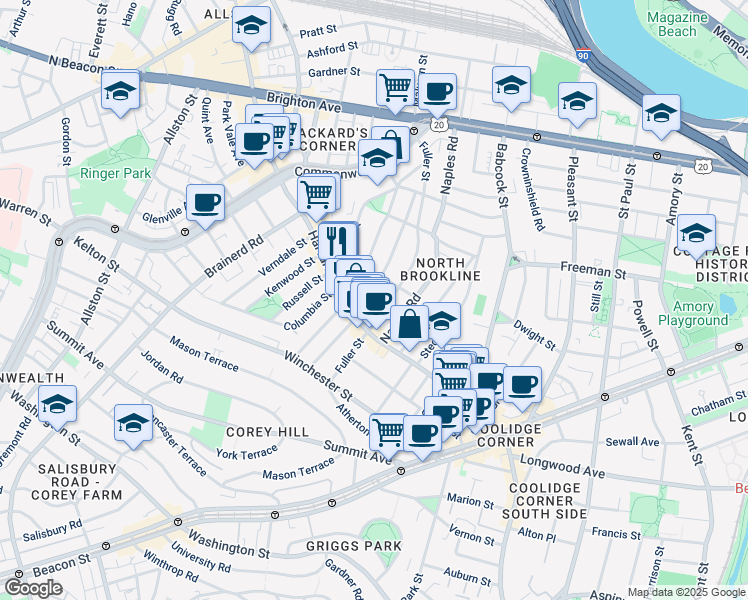 map of restaurants, bars, coffee shops, grocery stores, and more near 79 Coolidge Street in Brookline