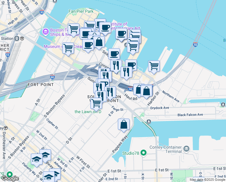 map of restaurants, bars, coffee shops, grocery stores, and more near in Boston
