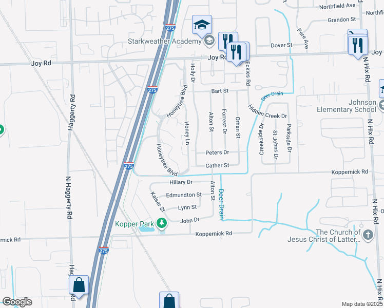 map of restaurants, bars, coffee shops, grocery stores, and more near 8195 Holly Drive in Canton