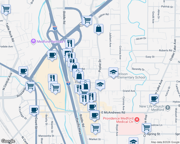 map of restaurants, bars, coffee shops, grocery stores, and more near 1220 Morrow Road in Medford