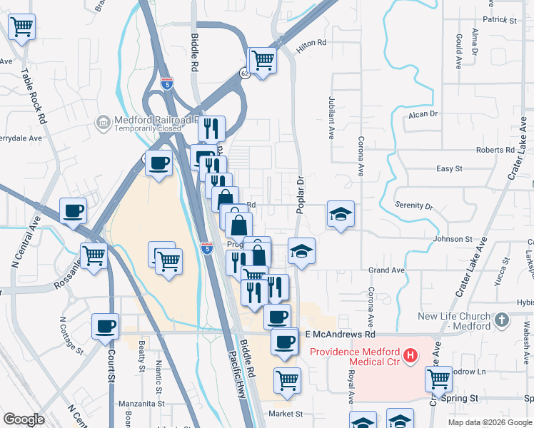 map of restaurants, bars, coffee shops, grocery stores, and more near 1220 Morrow Road in Medford