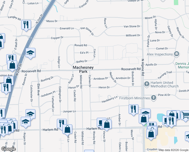 map of restaurants, bars, coffee shops, grocery stores, and more near 1310 Arvidson Drive in Machesney Park