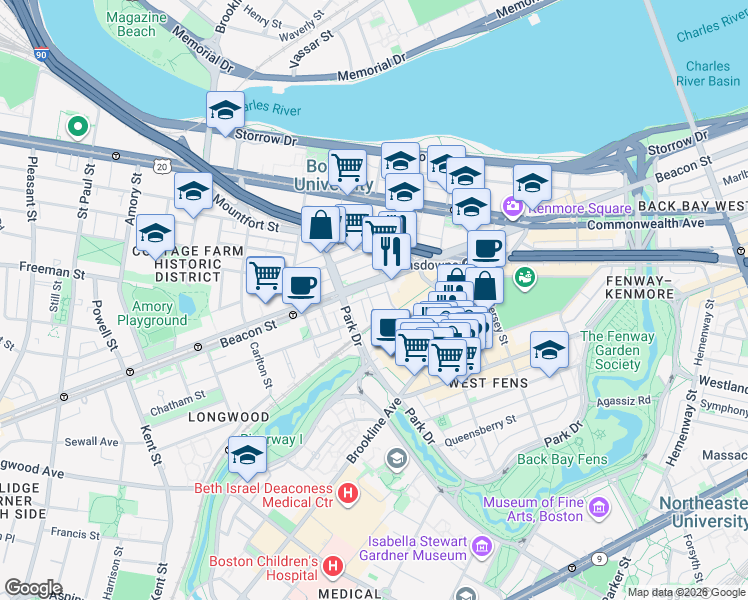 map of restaurants, bars, coffee shops, grocery stores, and more near 9 Miner Street in Boston