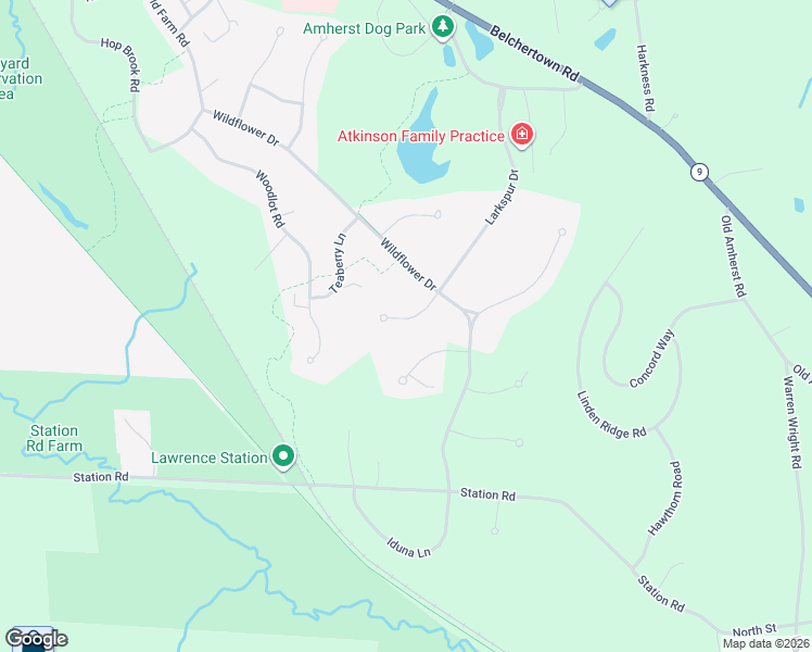 map of restaurants, bars, coffee shops, grocery stores, and more near 96 Larkspur Drive in Amherst