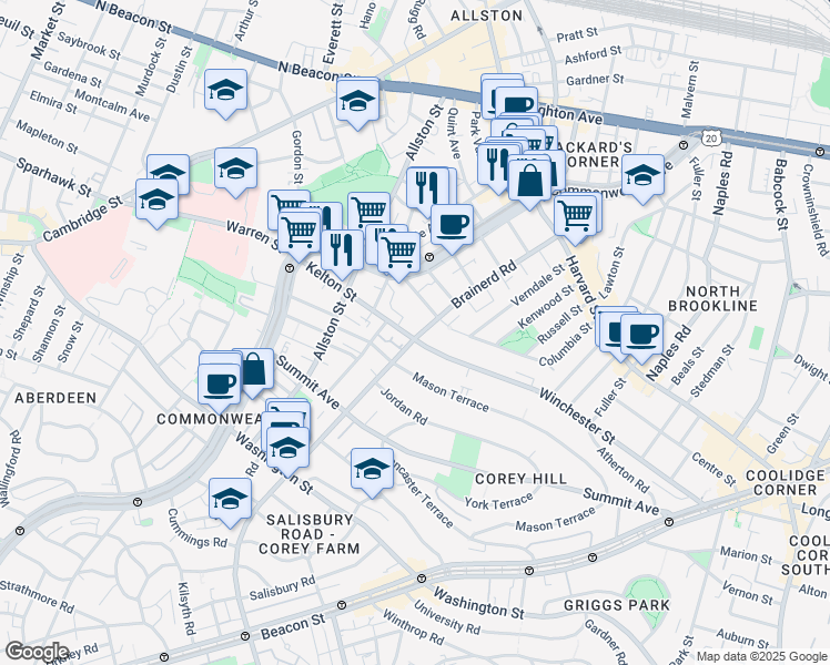 map of restaurants, bars, coffee shops, grocery stores, and more near 239 Kelton Street in Boston