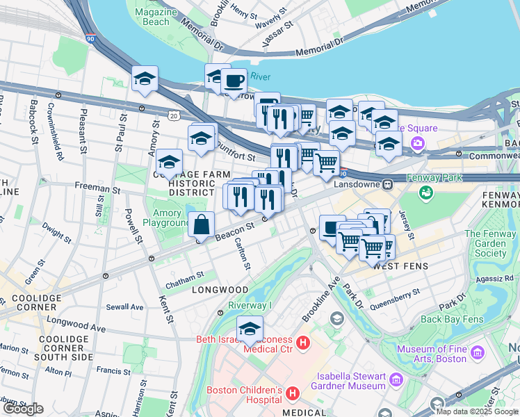 map of restaurants, bars, coffee shops, grocery stores, and more near 1012 Saint Marys Court in Brookline