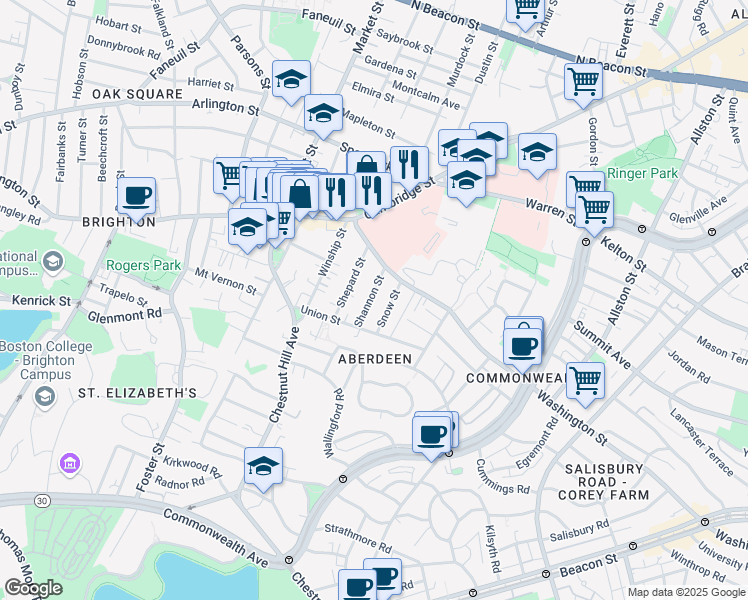 map of restaurants, bars, coffee shops, grocery stores, and more near 30 Shannon Street in Boston