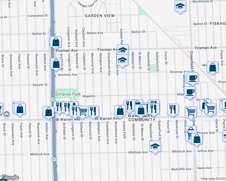 map of restaurants, bars, coffee shops, grocery stores, and more near 7434 Grandmont Avenue in Detroit