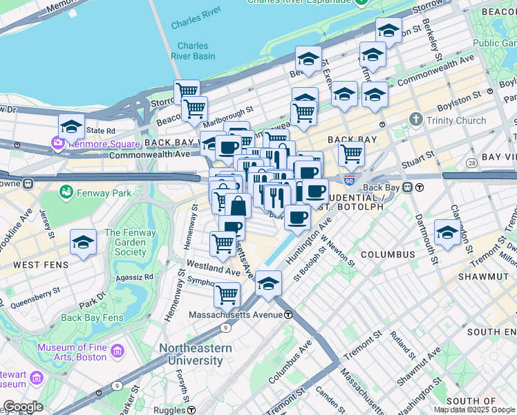 map of restaurants, bars, coffee shops, grocery stores, and more near 40 Dalton Street in Boston