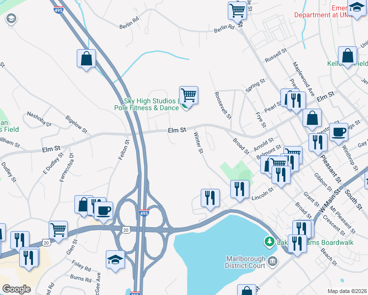 map of restaurants, bars, coffee shops, grocery stores, and more near 28 Lord Road in Marlborough