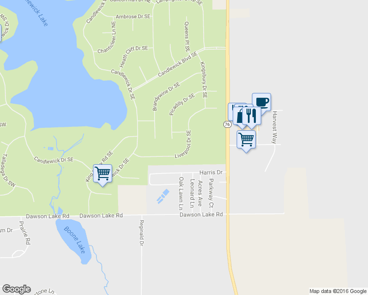 map of restaurants, bars, coffee shops, grocery stores, and more near 136 Liverpool Drive Southeast in Poplar Grove