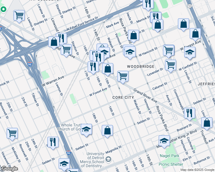 map of restaurants, bars, coffee shops, grocery stores, and more near 4613 15th Street in Detroit