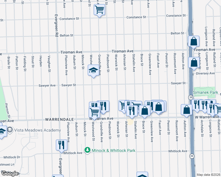 map of restaurants, bars, coffee shops, grocery stores, and more near 7420 Piedmont Street in Detroit