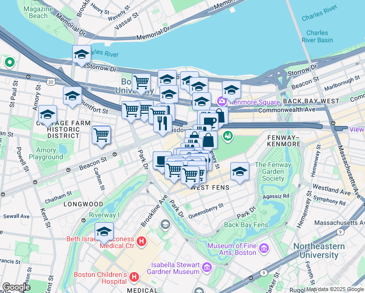 map of restaurants, bars, coffee shops, grocery stores, and more near 21 Burlington Avenue in Boston