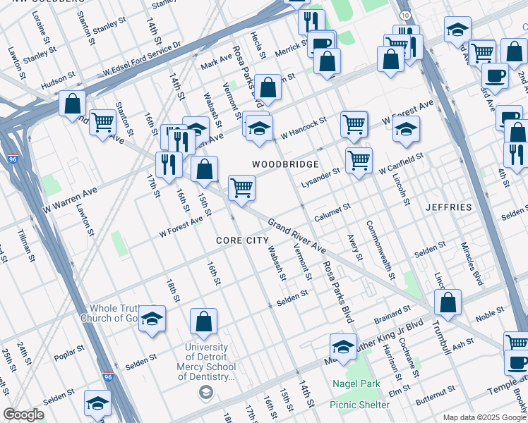 map of restaurants, bars, coffee shops, grocery stores, and more near 4452 Grand River Avenue in Detroit