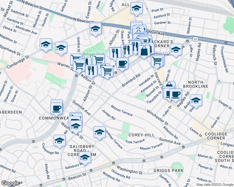 map of restaurants, bars, coffee shops, grocery stores, and more near in Boston