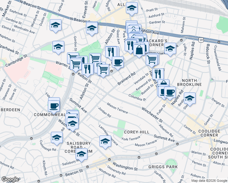 map of restaurants, bars, coffee shops, grocery stores, and more near in Boston