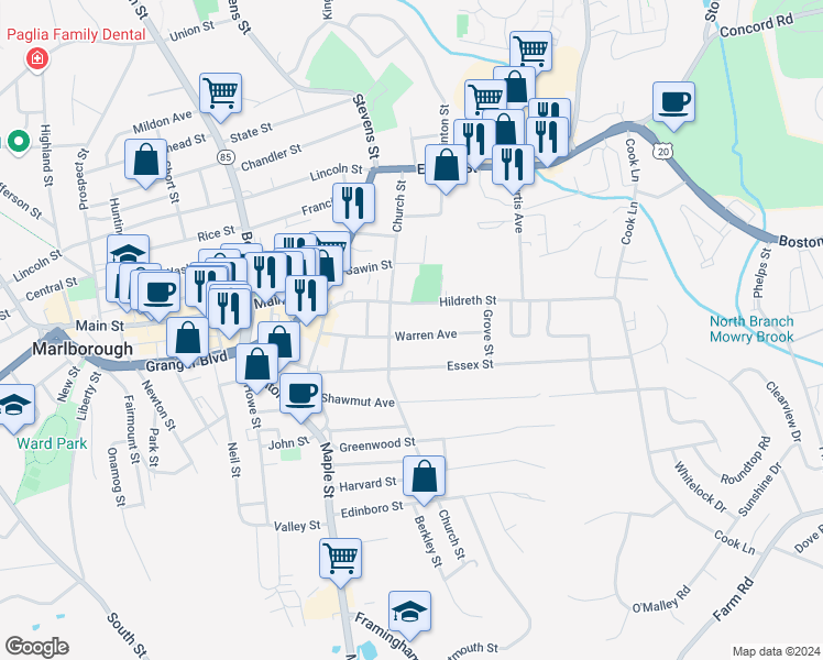 map of restaurants, bars, coffee shops, grocery stores, and more near 80 Warren Avenue in Marlborough