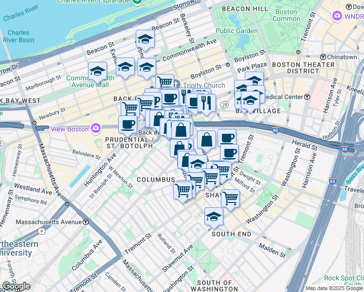 map of restaurants, bars, coffee shops, grocery stores, and more near in Boston