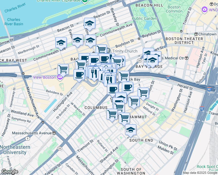 map of restaurants, bars, coffee shops, grocery stores, and more near 130 Dartmouth Street in Boston