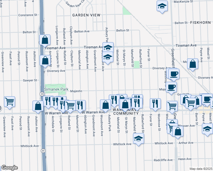 map of restaurants, bars, coffee shops, grocery stores, and more near 7434 Woodmont Avenue in Detroit