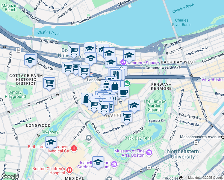 map of restaurants, bars, coffee shops, grocery stores, and more near 3 Fenway Plaza in Boston