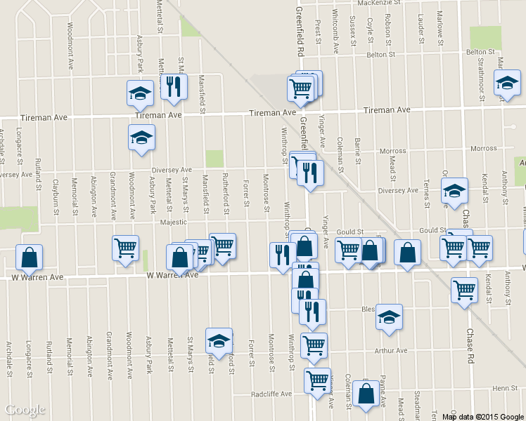 map of restaurants, bars, coffee shops, grocery stores, and more near 7427 Montrose St in Detroit