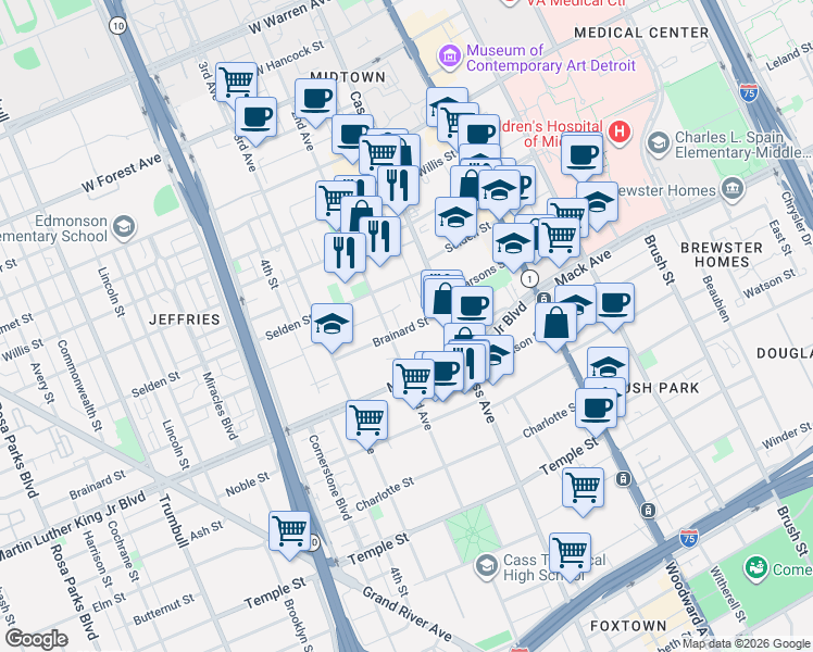 map of restaurants, bars, coffee shops, grocery stores, and more near 457 Brainard Street in Detroit
