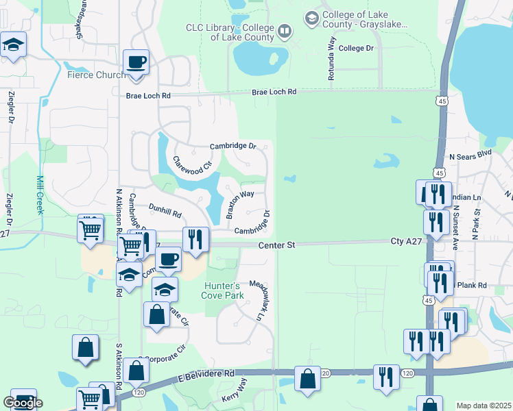 map of restaurants, bars, coffee shops, grocery stores, and more near 134 Whitehall Court in Grayslake