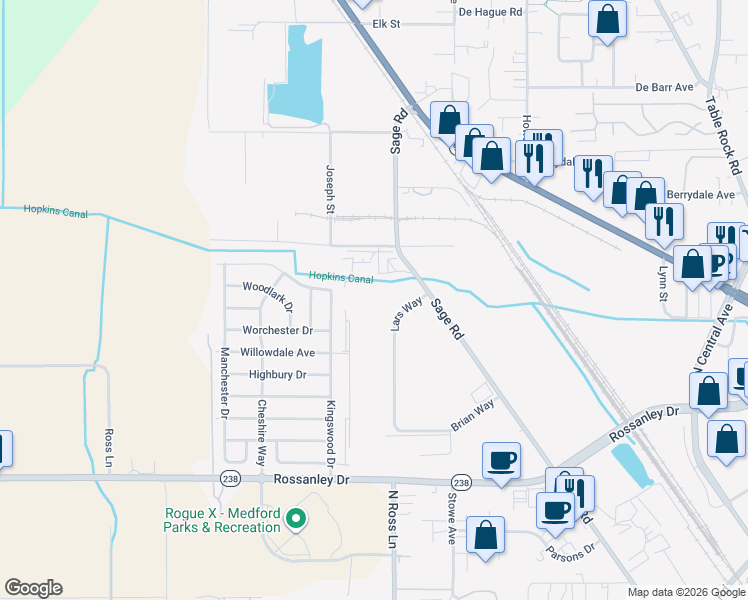 map of restaurants, bars, coffee shops, grocery stores, and more near 2077 Lars Way in Medford