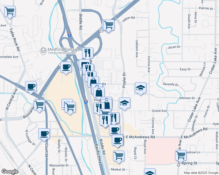 map of restaurants, bars, coffee shops, grocery stores, and more near 1202 Morrow Road in Medford