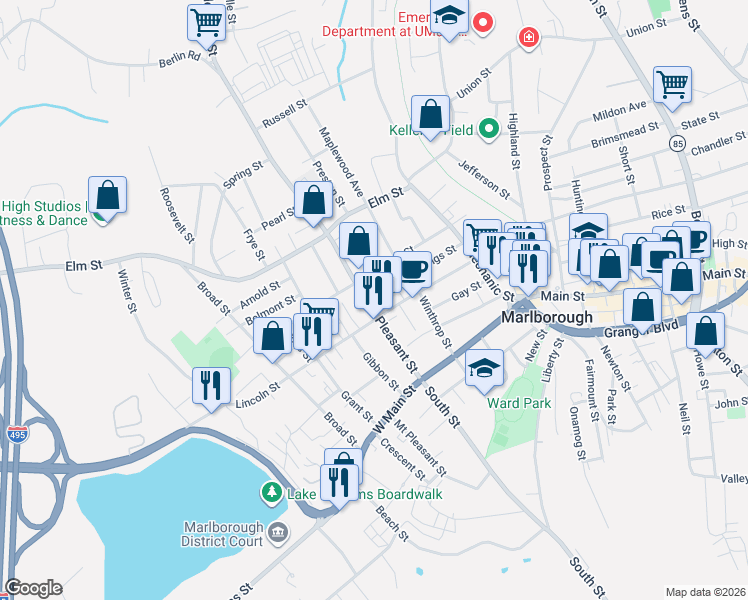 map of restaurants, bars, coffee shops, grocery stores, and more near 83 Pleasant Street in Marlborough