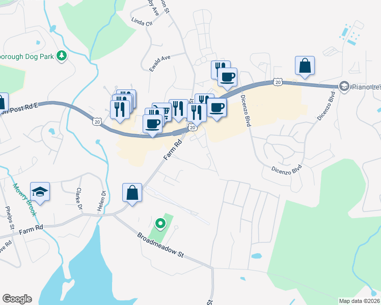 map of restaurants, bars, coffee shops, grocery stores, and more near 799 Farm Road in Marlborough