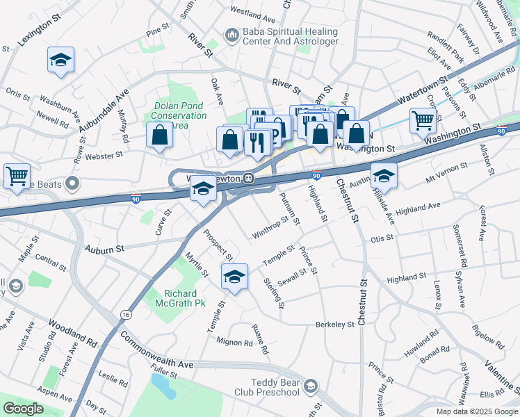 map of restaurants, bars, coffee shops, grocery stores, and more near Shaw Street in Newton