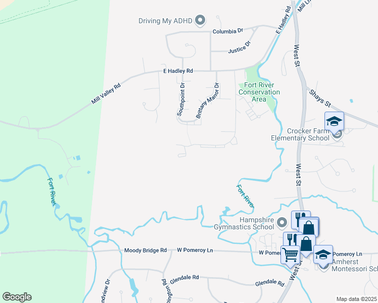 map of restaurants, bars, coffee shops, grocery stores, and more near 700 Riverglade Drive in Amherst