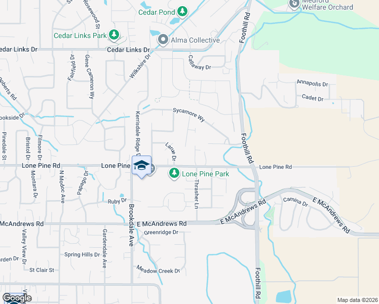 map of restaurants, bars, coffee shops, grocery stores, and more near 3343 Lone Pine Road in Medford