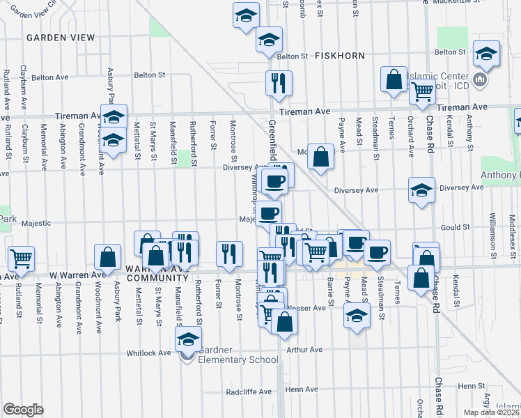 map of restaurants, bars, coffee shops, grocery stores, and more near 7426 Winthrop Street in Detroit