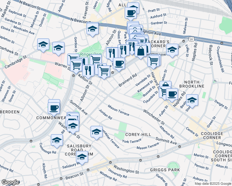 map of restaurants, bars, coffee shops, grocery stores, and more near 33 Walbridge Street in Boston