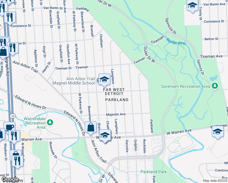 map of restaurants, bars, coffee shops, grocery stores, and more near 22398 Sawyer Avenue in Detroit