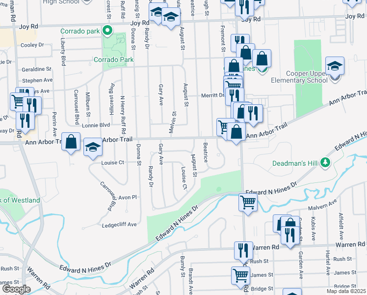 map of restaurants, bars, coffee shops, grocery stores, and more near 29838 Shackett in Westland