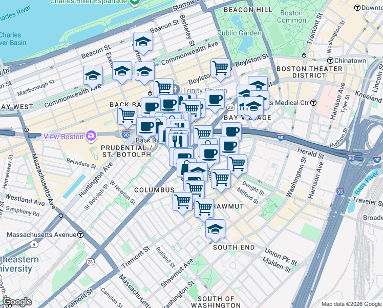 map of restaurants, bars, coffee shops, grocery stores, and more near 329 Columbus Avenue in Boston