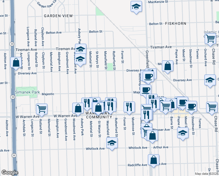 map of restaurants, bars, coffee shops, grocery stores, and more near 7430 Mansfield Street in Detroit