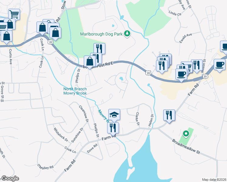 map of restaurants, bars, coffee shops, grocery stores, and more near 85 Royce Road in Marlborough