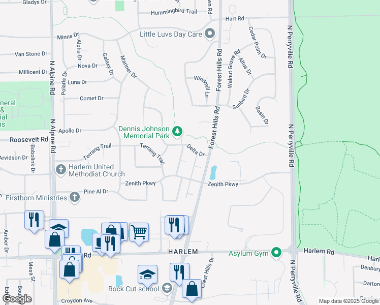 map of restaurants, bars, coffee shops, grocery stores, and more near 8368 Delta Drive in Machesney Park