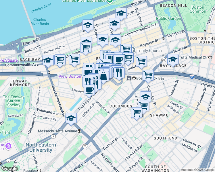 map of restaurants, bars, coffee shops, grocery stores, and more near 39 St Botolph St in Boston