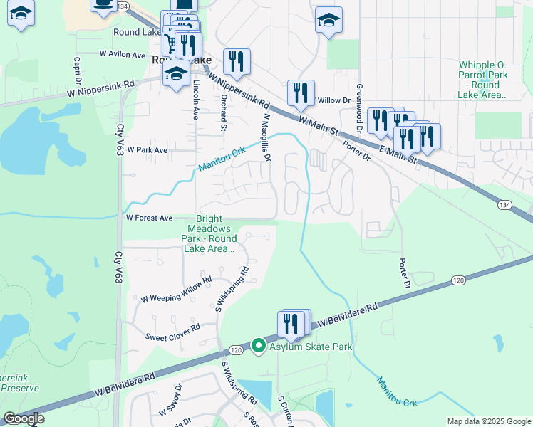 map of restaurants, bars, coffee shops, grocery stores, and more near 216 West Forest Avenue in Round Lake