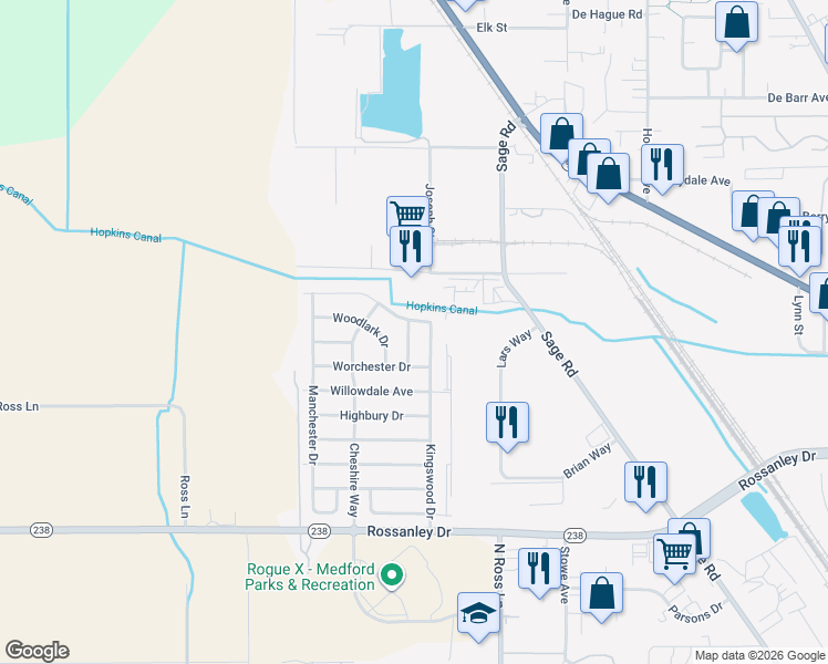 map of restaurants, bars, coffee shops, grocery stores, and more near 360 Roundgate Drive in Medford