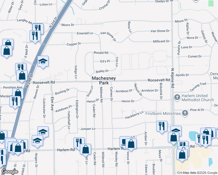map of restaurants, bars, coffee shops, grocery stores, and more near 8506 Cameo Drive in Machesney Park