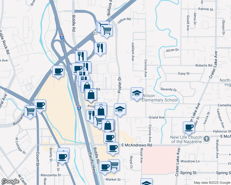 map of restaurants, bars, coffee shops, grocery stores, and more near 1290 Morrow Road in Medford
